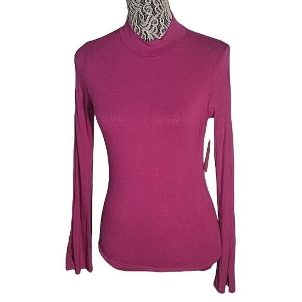YOUNG CONTEMPORARY Mock Neck Long Sleeve Top Magenta Pink Fitted Blouse office